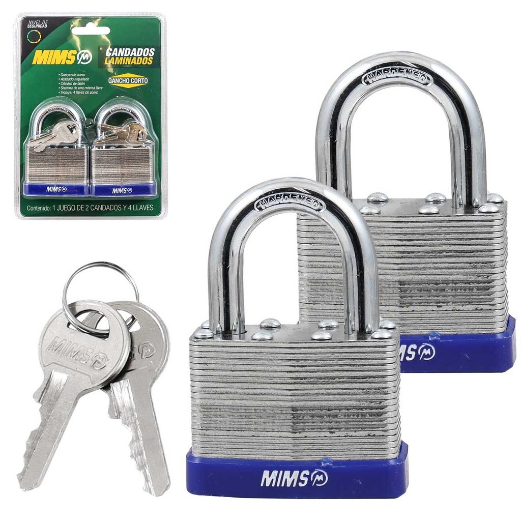 JGO. DE 2 CANDADOS DE ACERO CUERPO LAMINADO 40MM C/4 LLAVES
