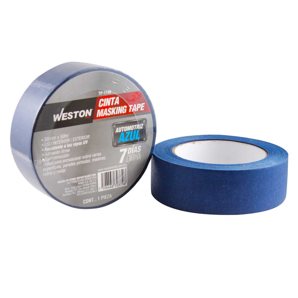 CINTA MASKING TAPE AZUL 7 DÍAS 38MM x 50M ($ x pza, caja c/48)