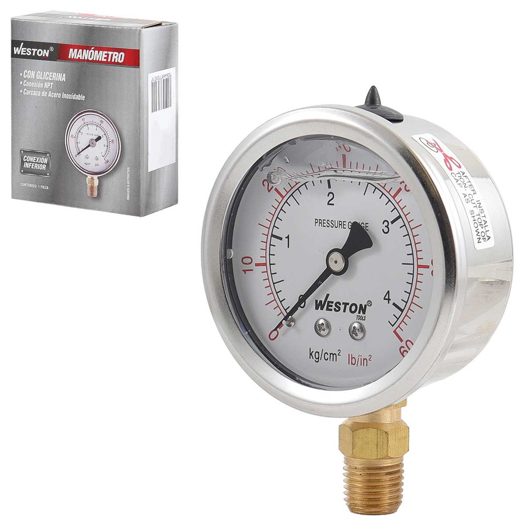 MANOMETRO GLICERINA 2 1/2" 1/4" NPT 200KG/3000LB