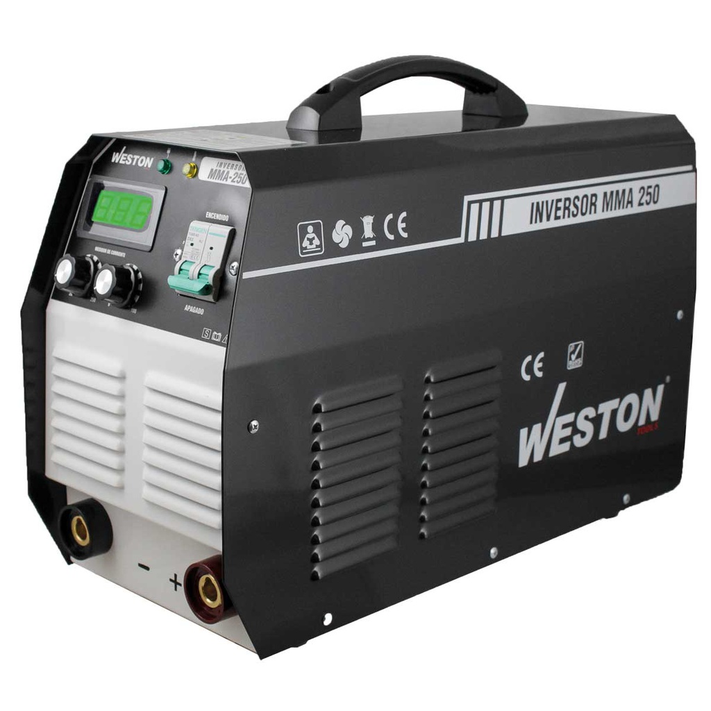 INVERSOR MMA 250AMP 220V (1 FASE) Incluye: Juego de cables con pinza de tierra y pinza porta electrodo, cepillo de alambre y careta de plástico tipo paleta